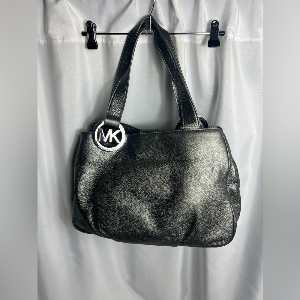 Michael Kors Fulton Metallic Dark Grey Pebbled Leather Shoulder Bag Tote Purse